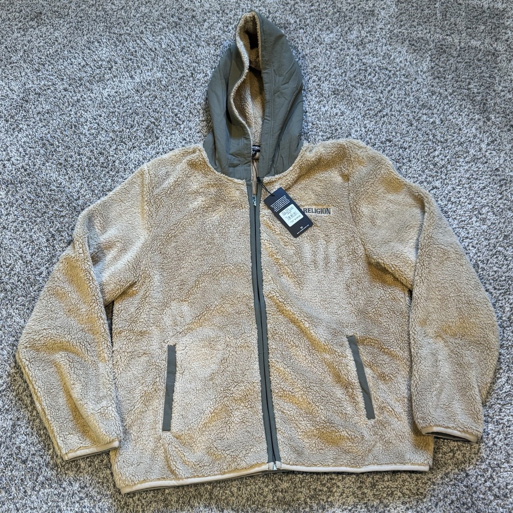NWT True Religion Mens Contrast Sherpa Hooded Jacket Beige Soft Cozy Winter L